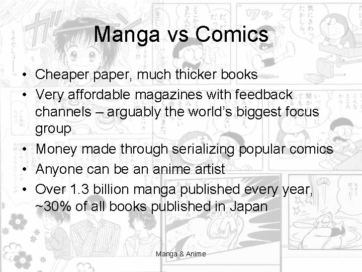 Manga vs Comics • Cheaper paper, much thicker books • Very affordable magazines with