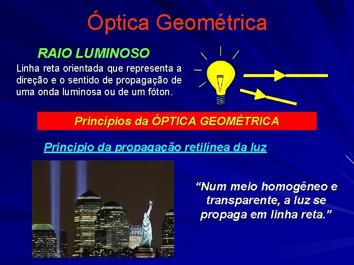 Óptica Geométrica RAIO LUMINOSO Linha reta orientada que representa a direção e o sentido