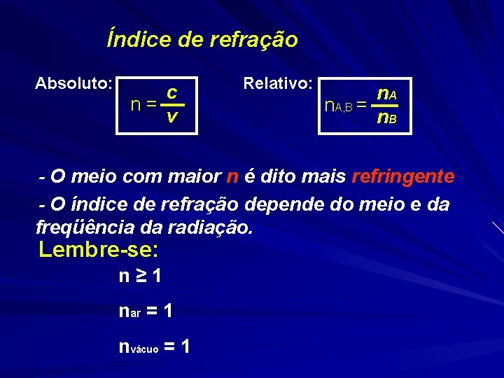 Índice de refração Absoluto: c n = v Relativo: n. A, B = n