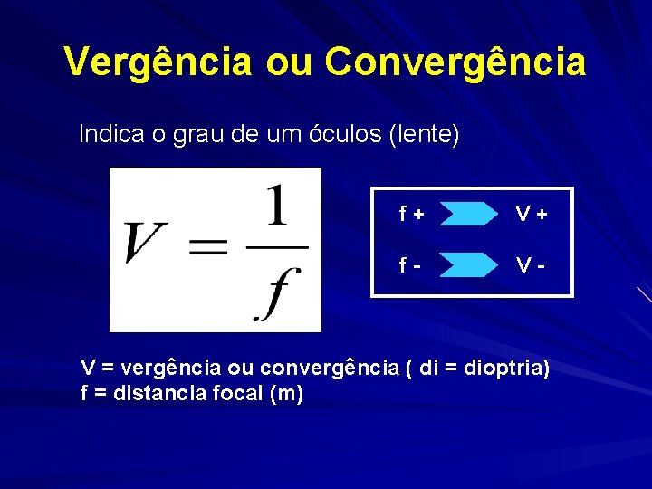 Vergência ou Convergência Indica o grau de um óculos (lente) f+ V+ f- V-