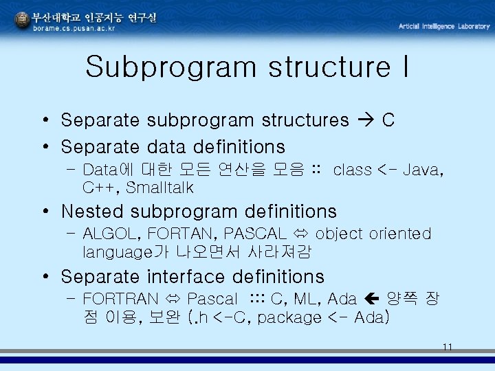Subprogram structure I • Separate subprogram structures C • Separate data definitions – Data에 Subprogram structure I • Separate subprogram structures C • Separate data definitions – Data에