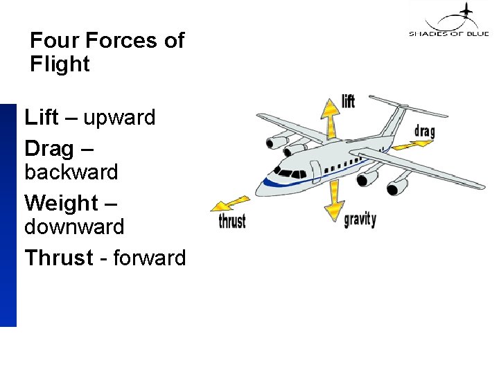 Four Forces of Flight Lift – upward Drag – backward Weight – downward Thrust