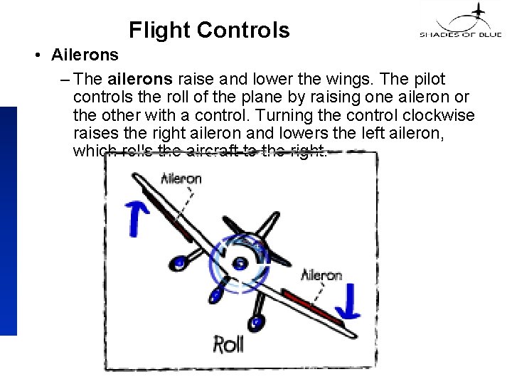 Flight Controls • Ailerons – The ailerons raise and lower the wings. The pilot