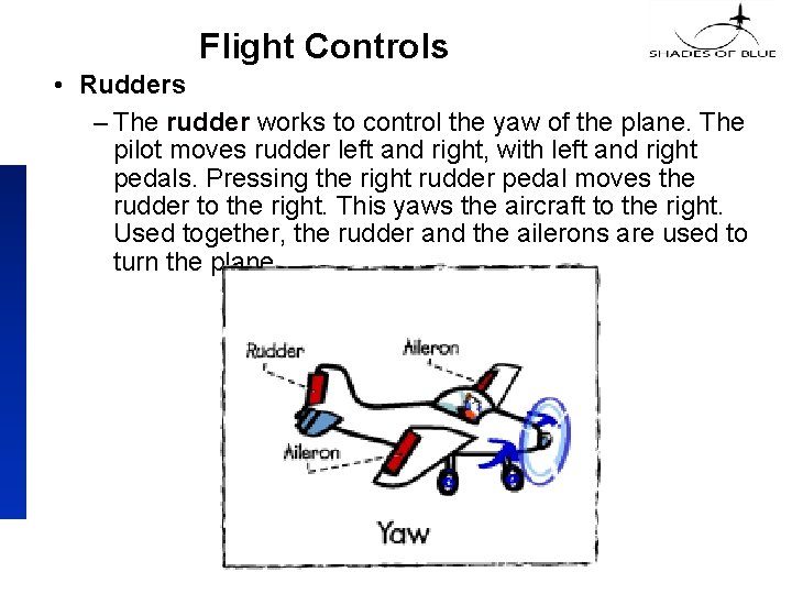 Flight Controls • Rudders – The rudder works to control the yaw of the