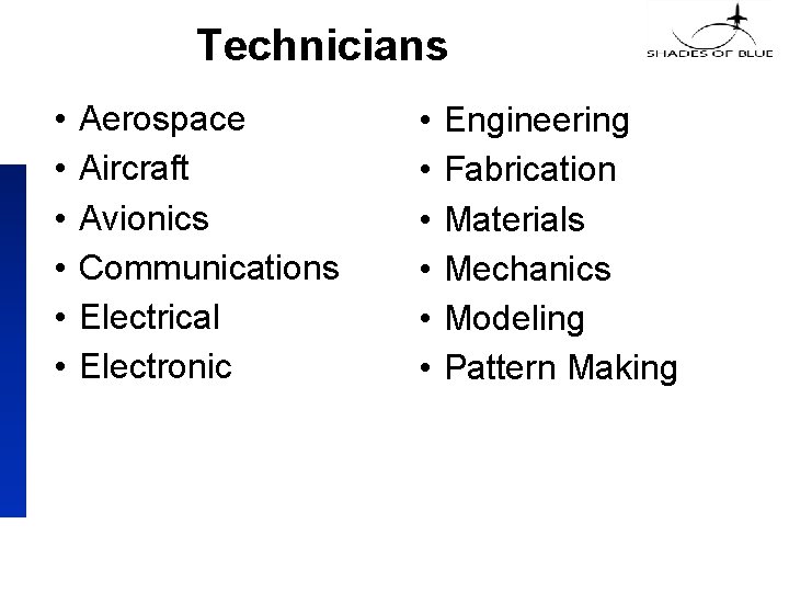 Technicians • • • Aerospace Aircraft Avionics Communications Electrical Electronic • • • Engineering