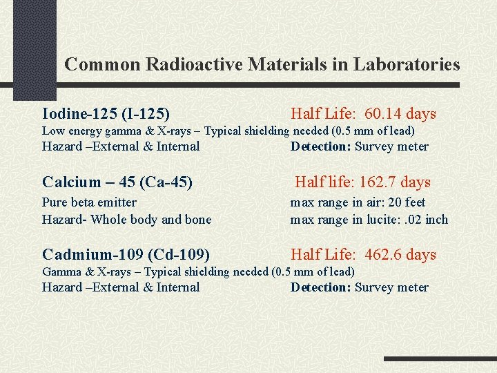 Common Radioactive Materials in Laboratories Iodine-125 (I-125) Half Life: 60. 14 days Low energy