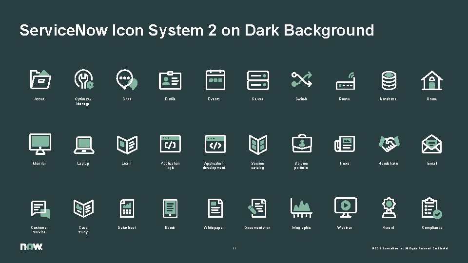 Service. Now Icon System 2 on Dark Background Asset Optimize/ Manage Chat Profile Events