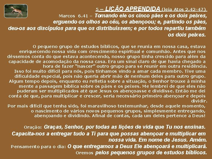 5 – LIÇÃO APRENDIDA (leia Atos 2. 42 -47) Tomando ele os cinco pães