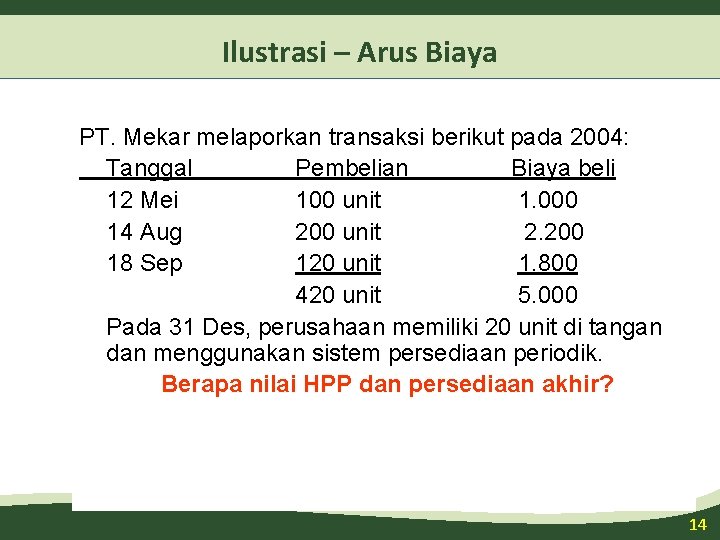 Ilustrasi – Arus Biaya PT. Mekar melaporkan transaksi berikut pada 2004: Tanggal Pembelian Biaya