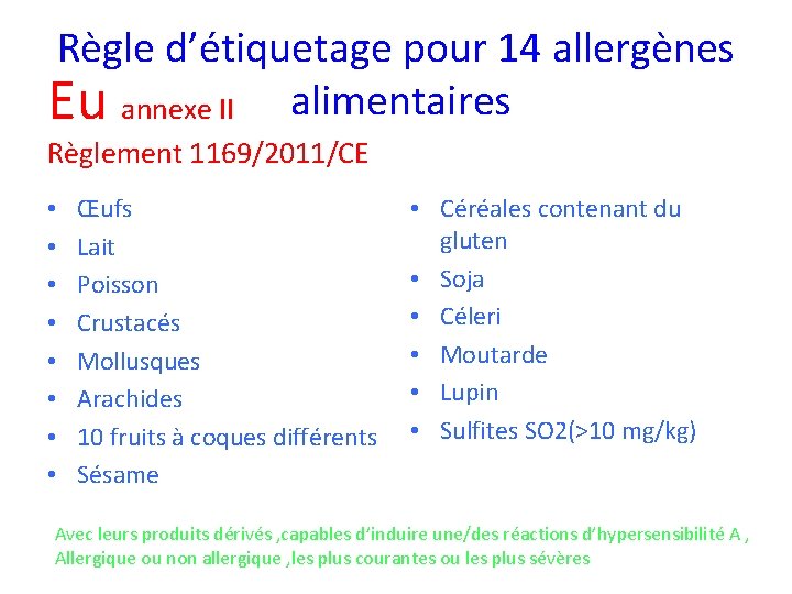 Règle d’étiquetage pour 14 allergènes Eu annexe II alimentaires Règlement 1169/2011/CE • • Œufs Règle d’étiquetage pour 14 allergènes Eu annexe II alimentaires Règlement 1169/2011/CE • • Œufs