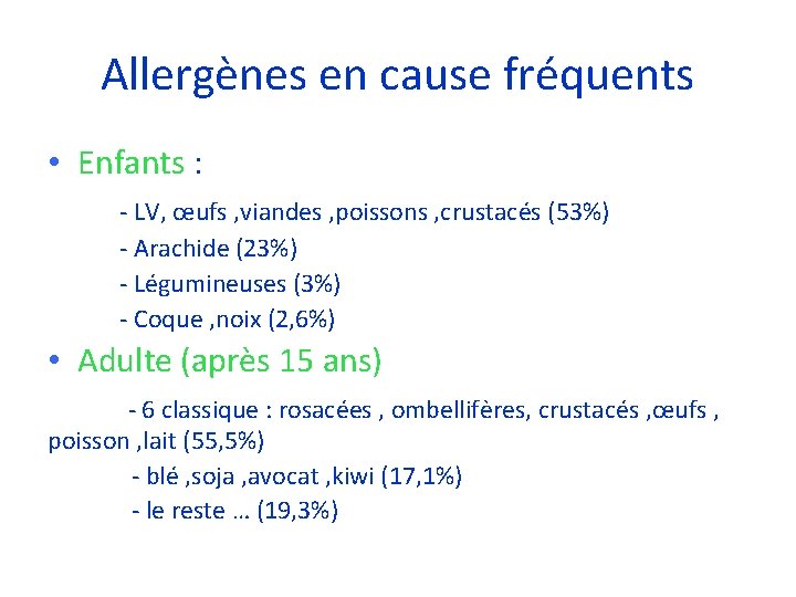 Allergènes en cause fréquents • Enfants : - LV, œufs , viandes , poissons Allergènes en cause fréquents • Enfants : - LV, œufs , viandes , poissons