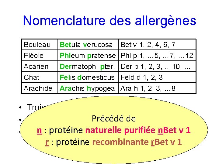 Nomenclature des allergènes Bouleau Fléole Acarien Chat Betula verucosa Phleum pratense Dermatoph. pter. Felis