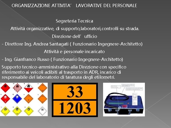 ORGANIZZAZIONE ATTIVITA’ LAVORATIVE DEL PERSONALE Segreteria Tecnica Attività organizzative, di supporto, laboratori, controlli su