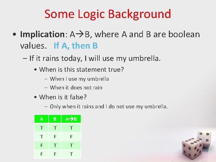 Some Logic Background • Implication: A B, where A and B are boolean values.