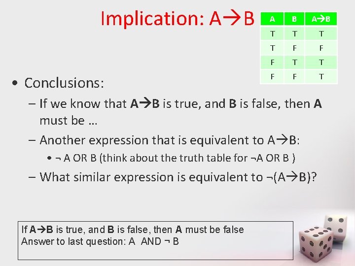 Implication: A B • Conclusions: A B T T F F F T T