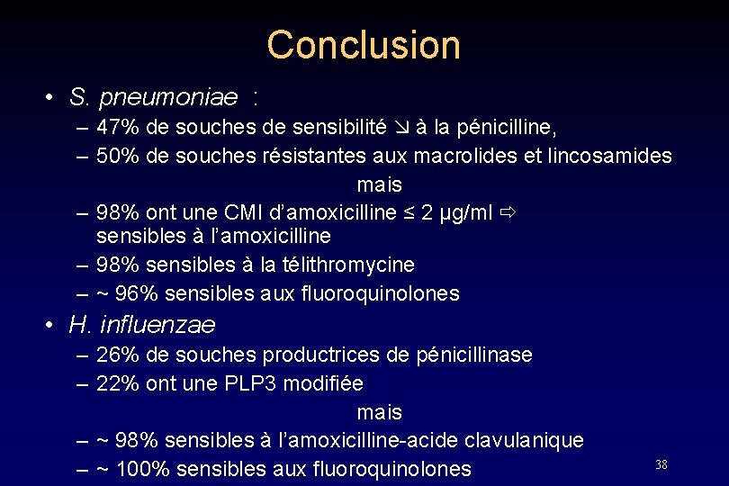 Conclusion • S. pneumoniae : – 47% de souches de sensibilité à la pénicilline,