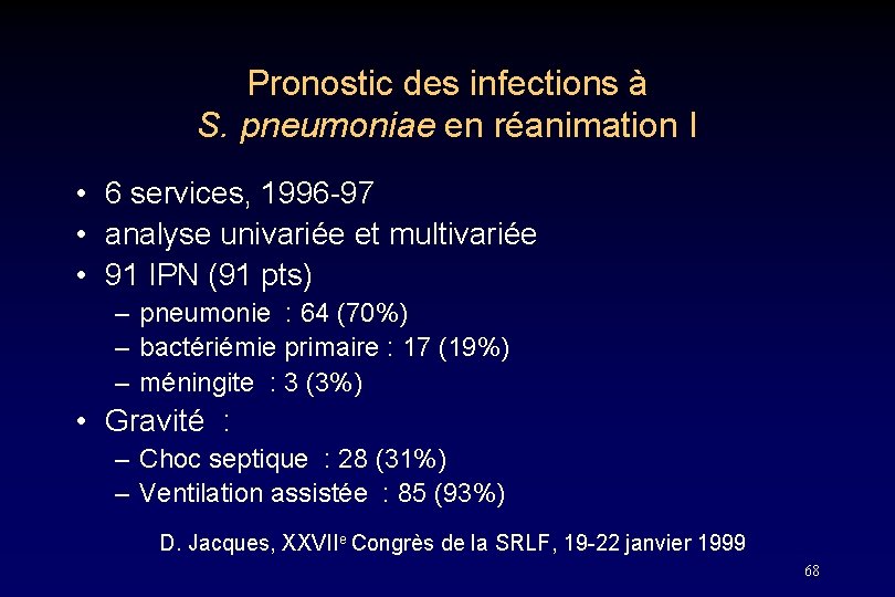 Pronostic des infections à S. pneumoniae en réanimation I • 6 services, 1996 -97