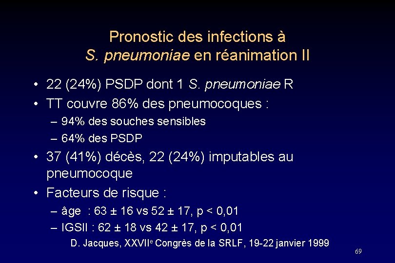 Pronostic des infections à S. pneumoniae en réanimation II • 22 (24%) PSDP dont