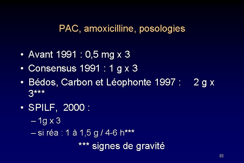 PAC, amoxicilline, posologies • Avant 1991 : 0, 5 mg x 3 • Consensus