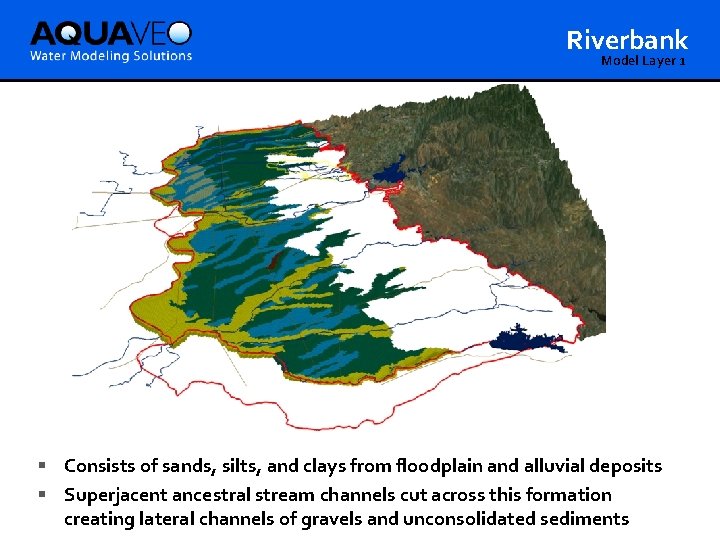 Riverbank Model Layer 1 § Consists of sands, silts, and clays from floodplain and