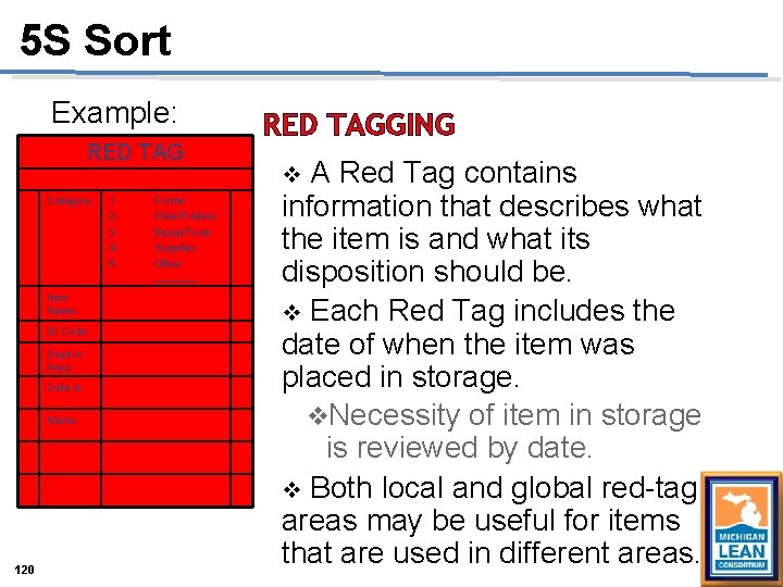 5 S Sort Example: RED TAG Category Item Name ID Code Dept or Area 5 S Sort Example: RED TAG Category Item Name ID Code Dept or Area