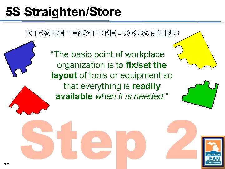 5 S Straighten/Store STRAIGHTEN/STORE - ORGANIZING “The basic point of workplace organization is to 5 S Straighten/Store STRAIGHTEN/STORE - ORGANIZING “The basic point of workplace organization is to