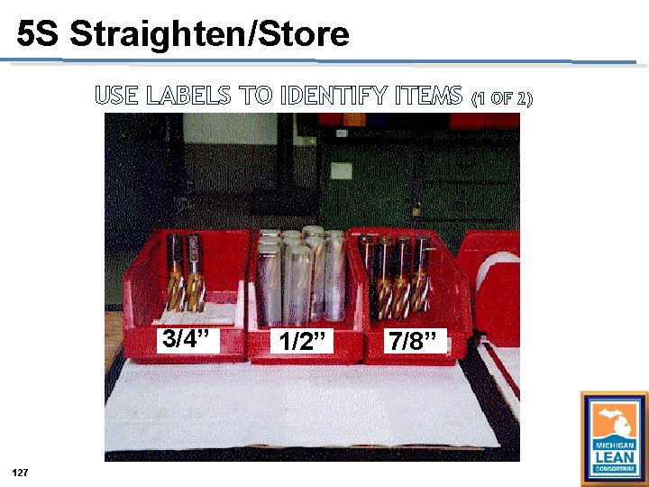 5 S Straighten/Store USE LABELS TO IDENTIFY ITEMS 3/4” 127 1/2” 7/8” (1 OF 5 S Straighten/Store USE LABELS TO IDENTIFY ITEMS 3/4” 127 1/2” 7/8” (1 OF