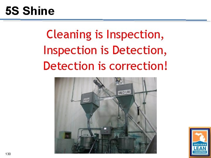 5 S Shine Cleaning is Inspection, Inspection is Detection, Detection is correction! 130 5 S Shine Cleaning is Inspection, Inspection is Detection, Detection is correction! 130