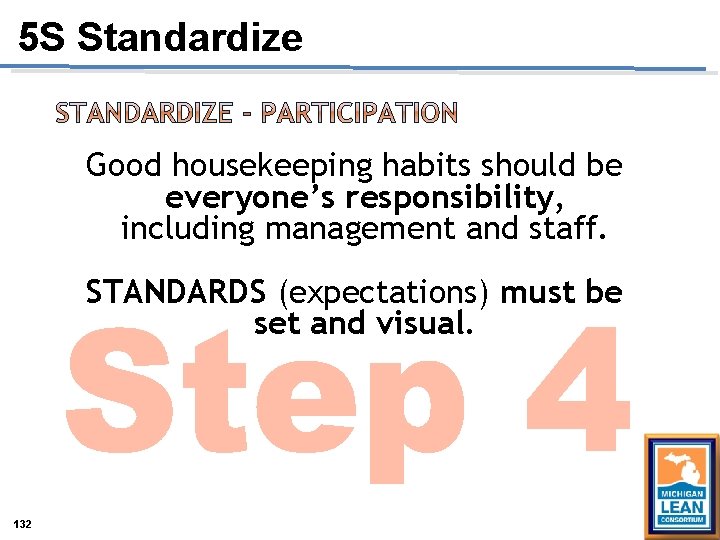 5 S Standardize Good housekeeping habits should be everyone’s responsibility, including management and staff. 5 S Standardize Good housekeeping habits should be everyone’s responsibility, including management and staff.