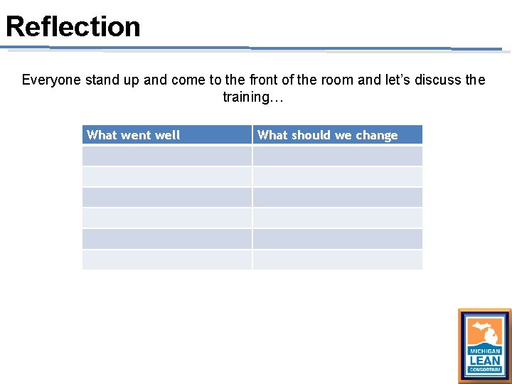 Reflection Everyone stand up and come to the front of the room and let’s Reflection Everyone stand up and come to the front of the room and let’s