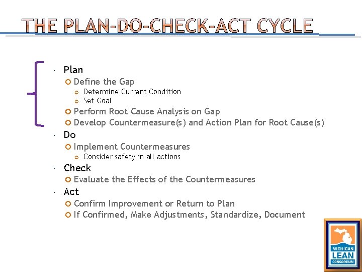 Plan Define the Gap Perform Root Cause Analysis on Gap Develop Countermeasure(s) and Plan Define the Gap Perform Root Cause Analysis on Gap Develop Countermeasure(s) and
