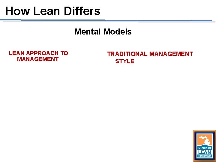 How Lean Differs Mental Models LEAN APPROACH TO MANAGEMENT TRADITIONAL MANAGEMENT STYLE How Lean Differs Mental Models LEAN APPROACH TO MANAGEMENT TRADITIONAL MANAGEMENT STYLE