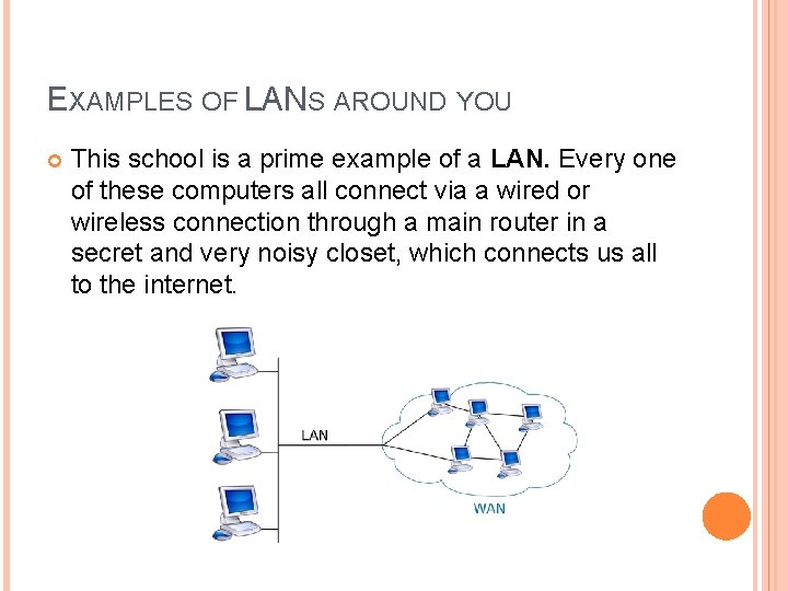 EXAMPLES OF LANS AROUND YOU This school is a prime example of a LAN. EXAMPLES OF LANS AROUND YOU This school is a prime example of a LAN.