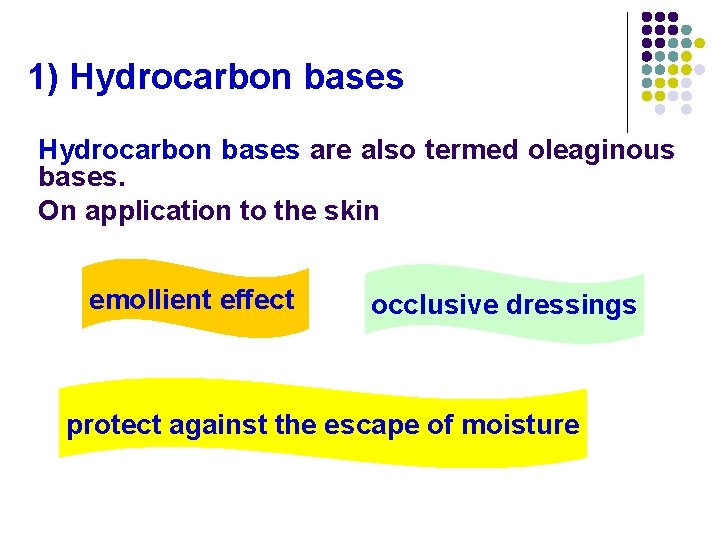 1) Hydrocarbon bases are also termed oleaginous bases. On application to the skin emollient 1) Hydrocarbon bases are also termed oleaginous bases. On application to the skin emollient