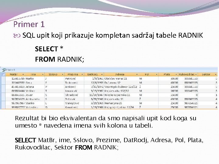 Primer 1 SQL upit koji prikazuje kompletan sadržaj tabele RADNIK SELECT * FROM RADNIK;