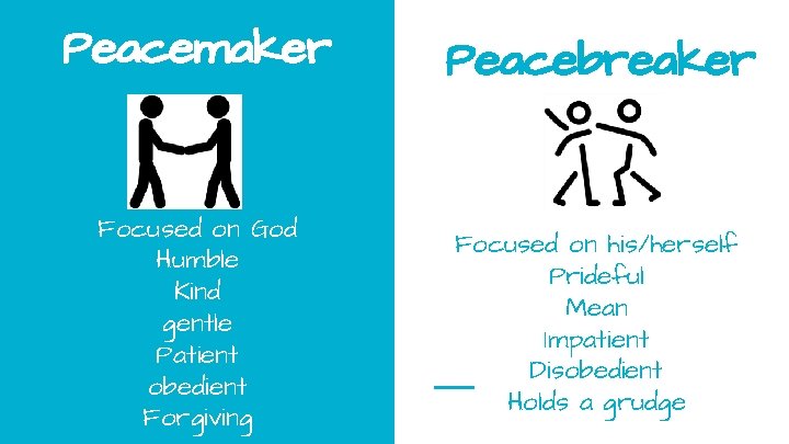 Peacemaker Peacebreaker Focused on God Humble Kind gentle Patient obedient Forgiving Focused on his/herself