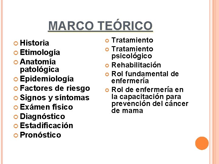 MARCO TEÓRICO Historia Etimología Anatomía patológica Epidemiología Factores de riesgo Signos y síntomas Exámen