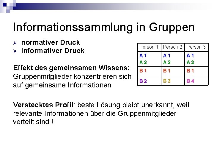 Informationssammlung in Gruppen Ø Ø normativer Druck informativer Druck Effekt des gemeinsamen Wissens: Gruppenmitglieder