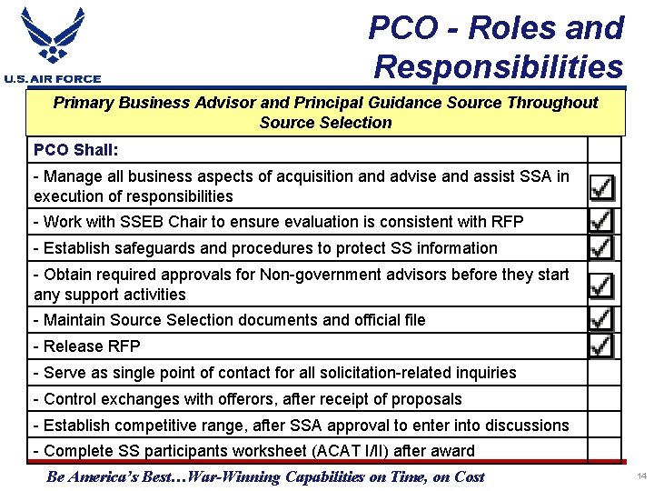 PCO - Roles and Responsibilities Primary Business Advisor and Principal Guidance Source Throughout Source
