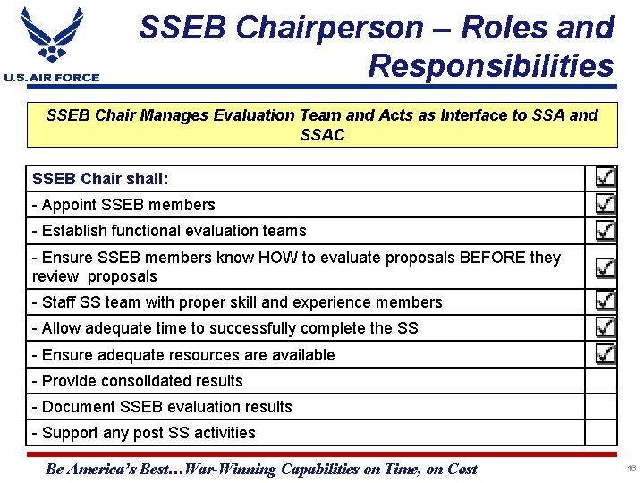 SSEB Chairperson – Roles and Responsibilities SSEB Chair Manages Evaluation Team and Acts as