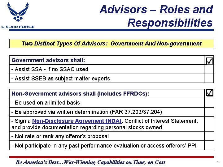 Advisors – Roles and Responsibilities Two Distinct Types Of Advisors: Government And Non-government Government