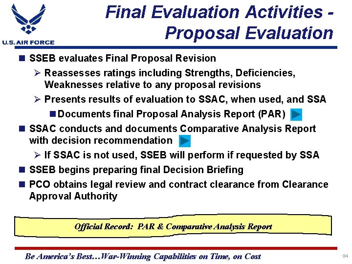 Final Evaluation Activities Proposal Evaluation SSEB evaluates Final Proposal Revision Ø Reassesses ratings including
