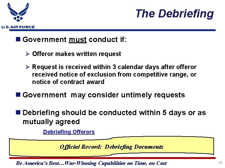 The Debriefing Government must conduct if: Ø Offeror makes written request Ø Request is