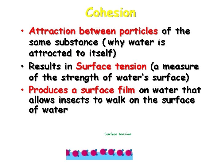 Cohesion • Attraction between particles of the same substance ( why water is attracted