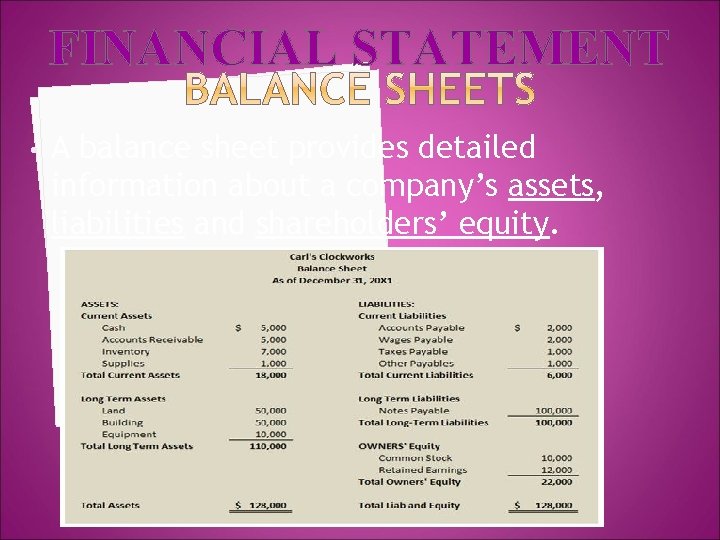FINANCIAL STATEMENT • A balance sheet provides detailed information about a company’s assets, liabilities
