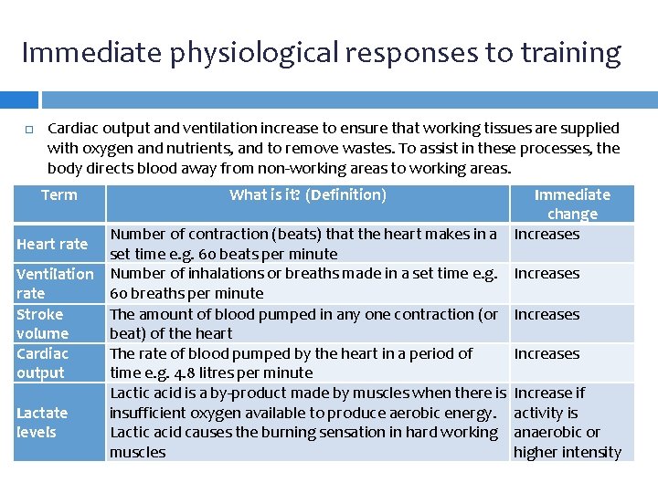 Immediate physiological responses to training Cardiac output and ventilation increase to ensure that working