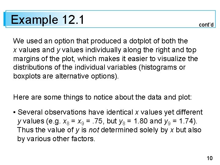 Example 12. 1 cont’d We used an option that produced a dotplot of both