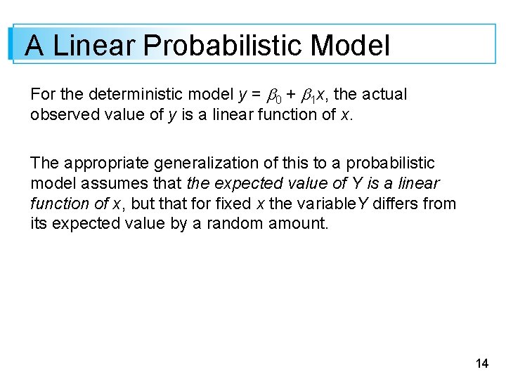 A Linear Probabilistic Model For the deterministic model y = 0 + 1 x,