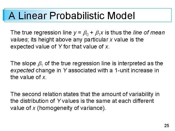 A Linear Probabilistic Model The true regression line y = 0 + 1 x