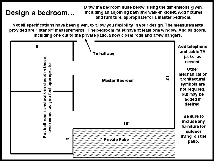 Design a bedroom… Draw the bedroom suite below, using the dimensions given, including an